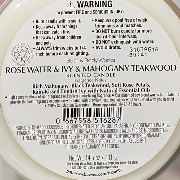 ROSE WATER IVY & MAHOGANY TEAKWOOD 3 Wick Candle & Wallflower Set - Picture 2 of 4